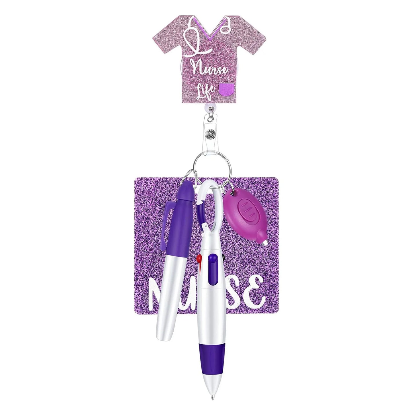 5-in-1 Cute Nurse Pen with Acrylic ID Badge Clip Ballpoint Pen Falshlight Sets Carabiner Retractable scroll easy to pull out