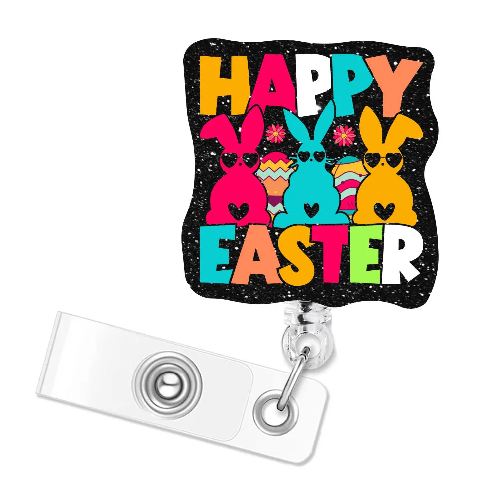 Easter Bunny Badge Reel Cute Glitter Acrylic Retractable ID Badge Holder Doctor Nurse ID Name Card Holder Office Supplies