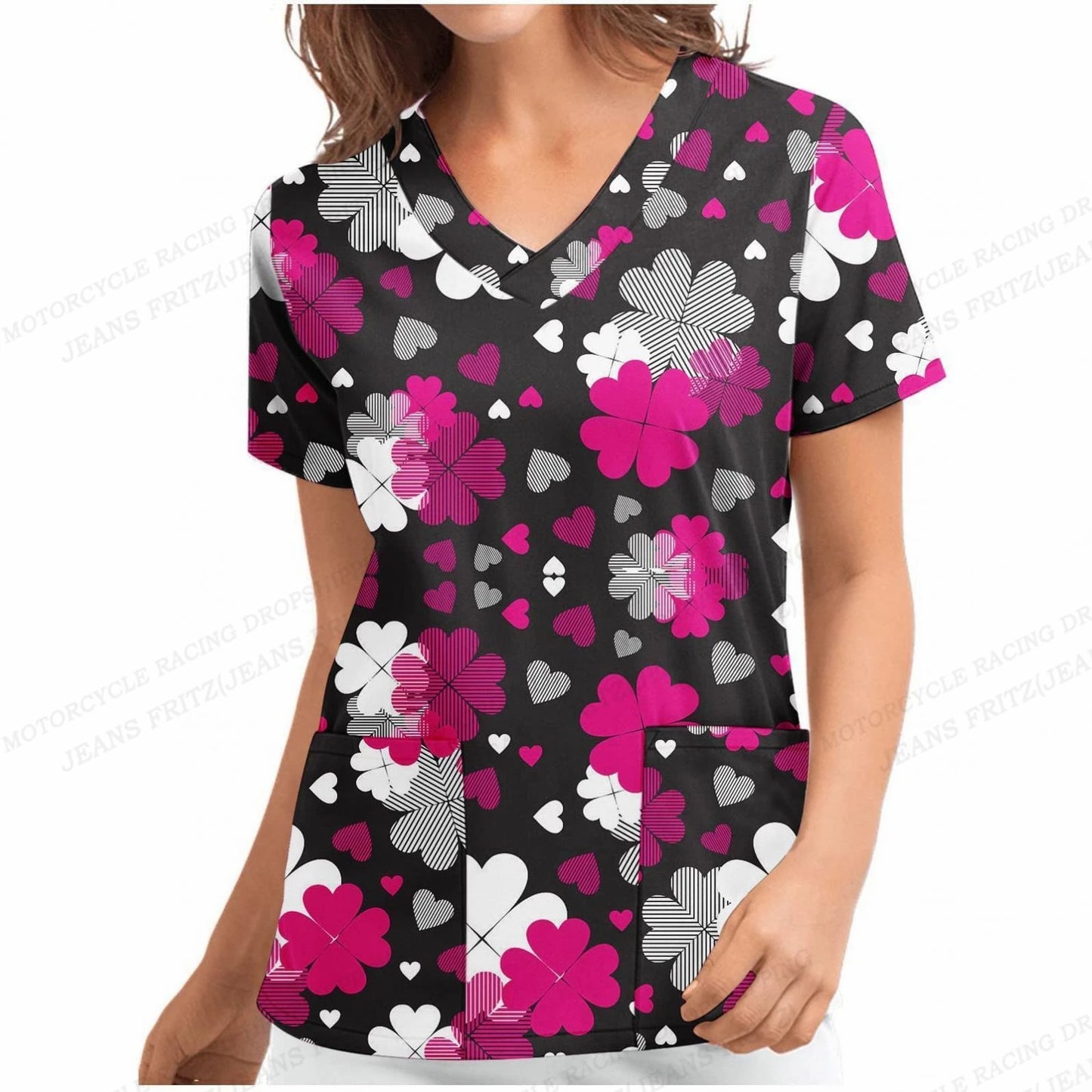 Flower 3d Print Nurse Uniform Floral V-Neck Pocket Nursing Scrubs Tops Women Workwear Clothes Overalls Medical Uniforms Ladies