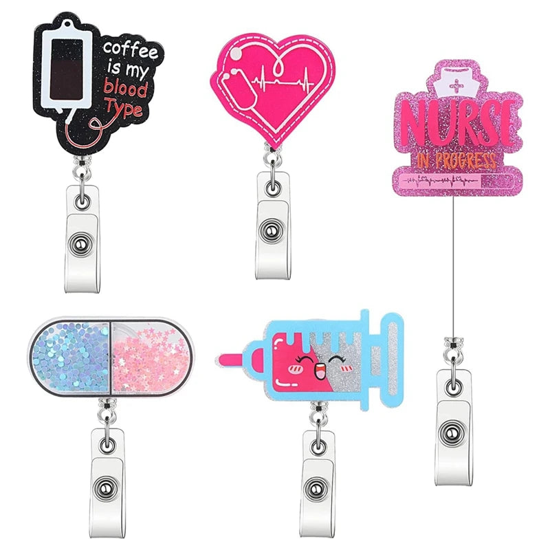 Cute Nurse Badge Reel Cna Badge Holder Retractable-ID Badge Holder With Clip 5 Pcs Acrylic Badge Reel With Alligator Clip