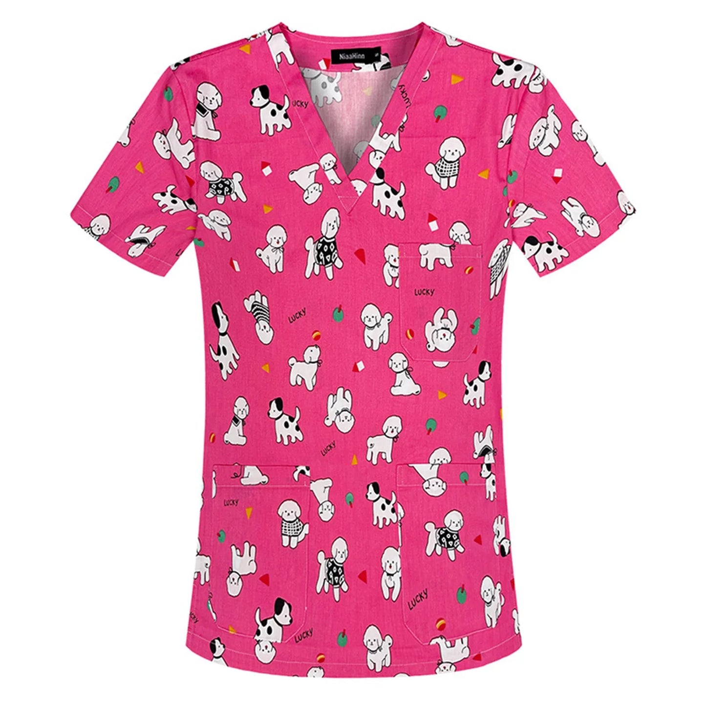 2024 New Women's Nurse Hospital Surgical Uniform Tops Cute Cartoon Animal Printing V Neck Short Sleeve Nurse Clothes Scrub Top