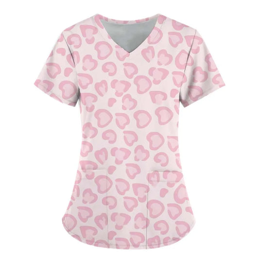 Heart Print V-Neck Stretchy Medical Uniform for Women Casual Short Sleeve Patched Pockets Tops Scrubs Medical Uniforms Woman