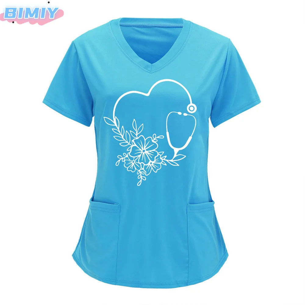 Letter Love Heart Nurse Uniform Print Tops V-Neck Pocket Medical Uniforms Nursing Scrubs Tops Working Clothes uniforme enfermera