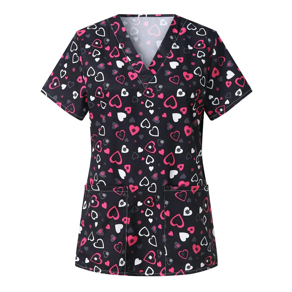 Nurse Uniform Love Heart Print Pocket V-Neck Nursing Scrubs Tops Workwear T-shirt Women Fashion Overalls Medical Uniforms