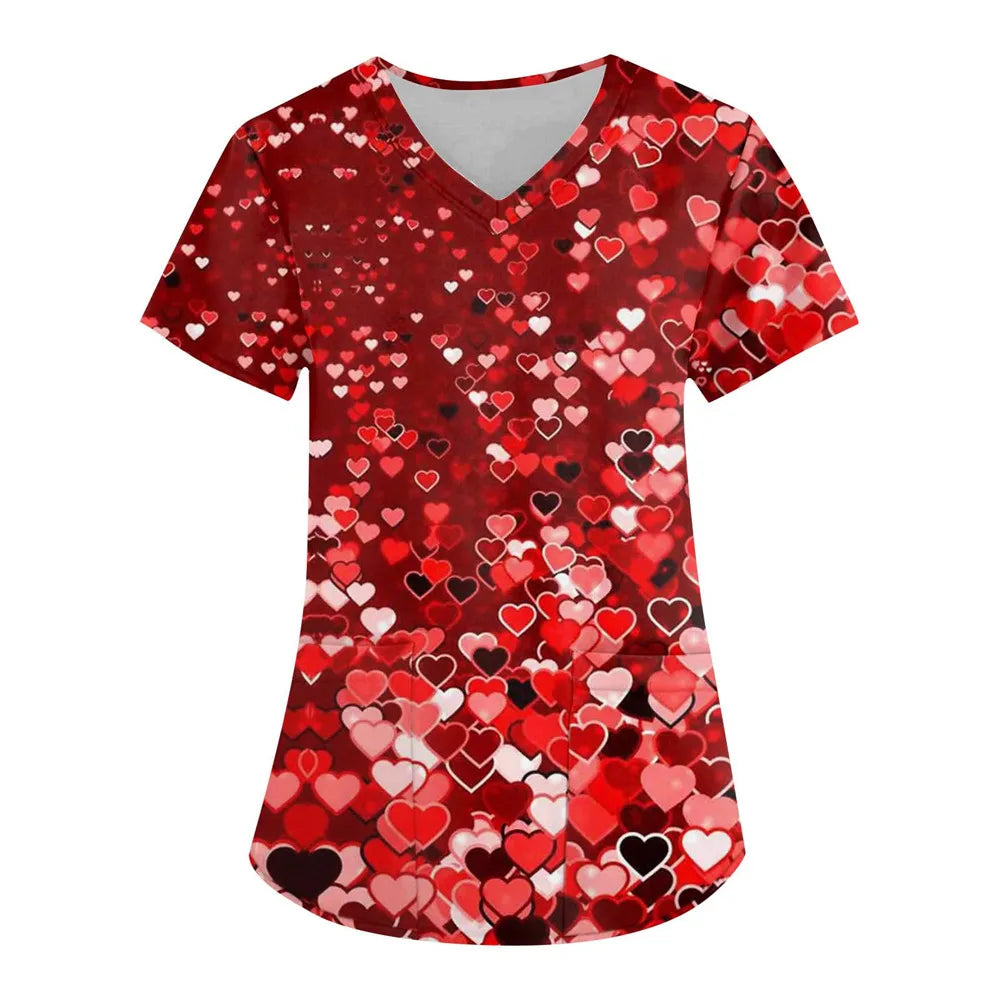 Nurse Uniform Love Heart Print Pocket V-Neck Nursing Scrubs Tops Workwear T-shirt Women Fashion Overalls Medical Uniforms