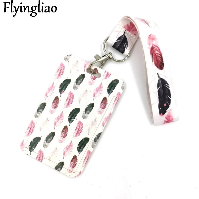 Black Pink Leaves Feathers Cute Card Cover Clip Lanyard Retractable Student Nurse Badge Reel Clip Cartoon ID Card Badge Holder