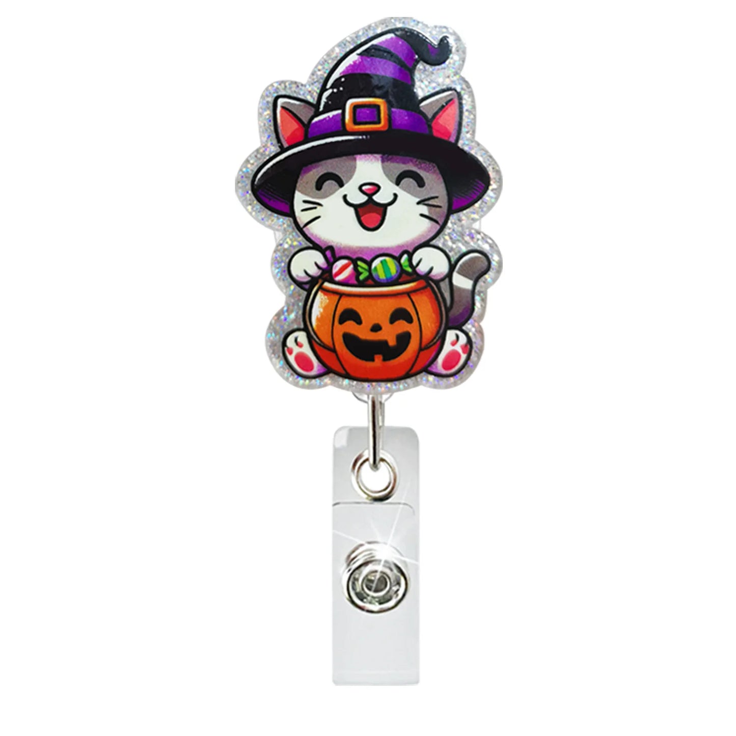 Acrylic Glitter Halloween Ghost Pumpkin Cat Retractable Badge Reel Rotating ID Badge Holder Crocodile Clip for Doctor and Nurse