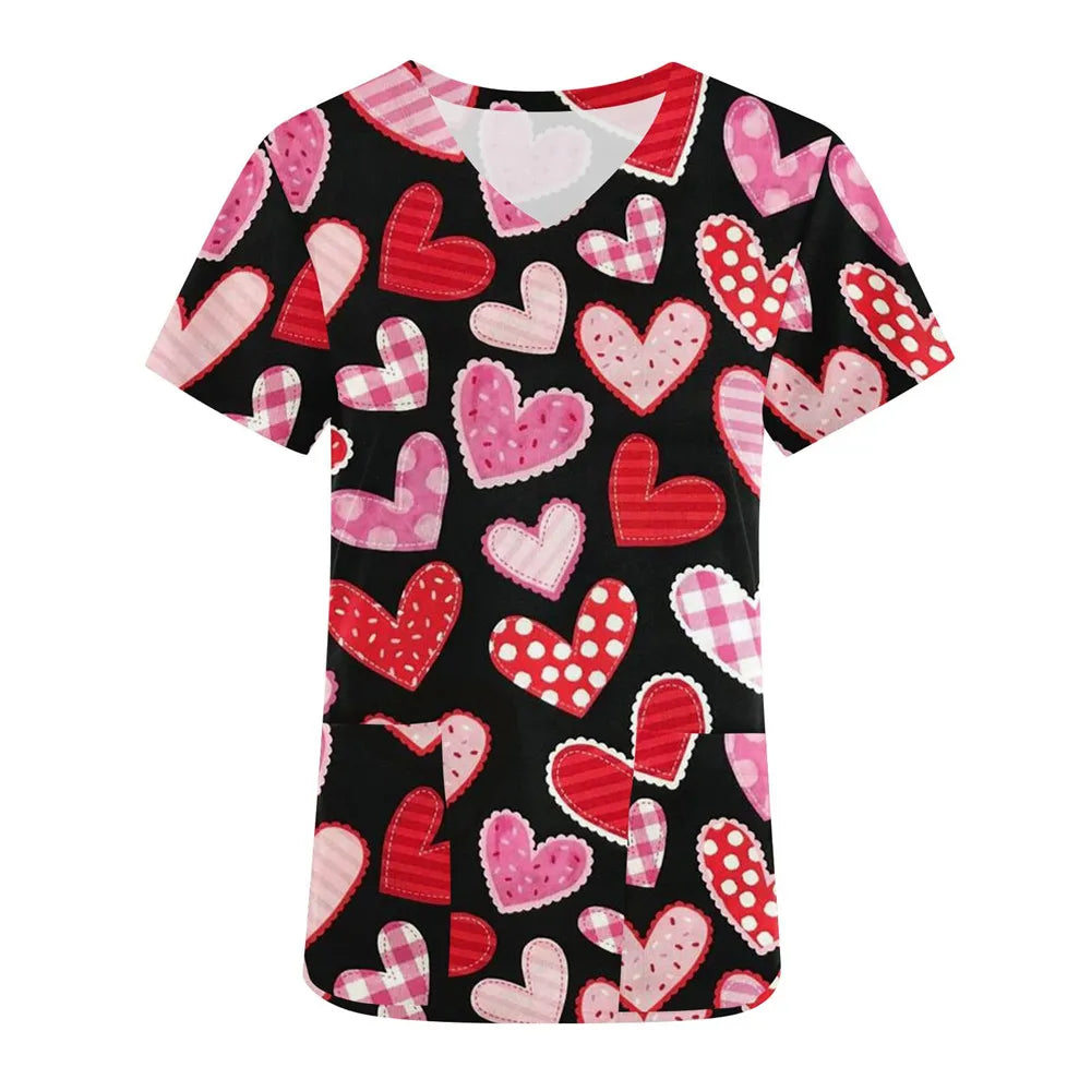 Nurse Uniform Love Heart Print Pocket V-Neck Nursing Scrubs Tops Workwear T-shirt Women Fashion Overalls Medical Uniforms