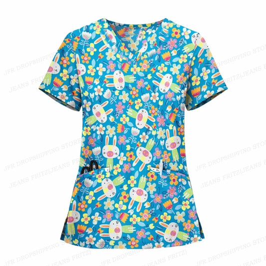 Women Nurse Uniform Cartoon Animal 3d Print Pocket V-Neck Nursing Scrubs Tops Workwear Clothes Overalls Medical Uniforms Clinic