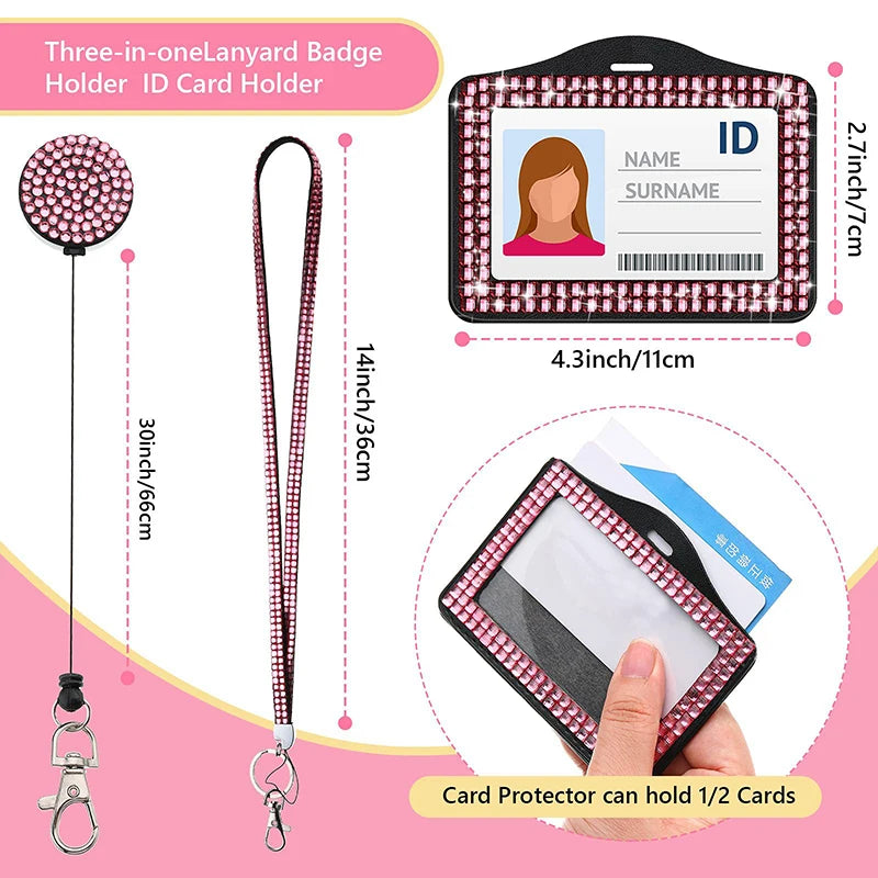 ID Name Badges Protector Case Work Card Case Crystal Retractable Lanyards Card Cover Badge Reel Badge Holder Rhinestone