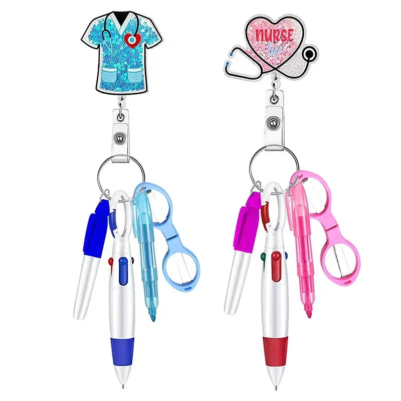 5-in-1 Cute Nurse Pen Set Medical Retractable Scroll Easy to Pull Buckle ID Buckle Acrylic Badge Clip