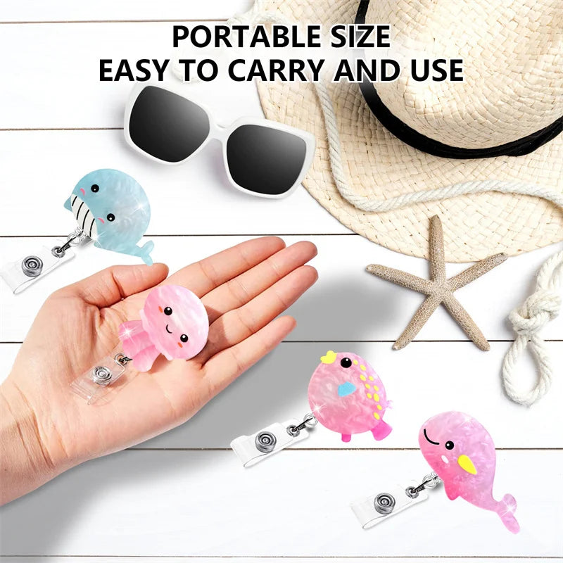 Marine Life Easy Pull Buckle ID Badge Holder Dolphin Jellyfish Coral Elastic Acrylic Retractable Badge Reel Clip