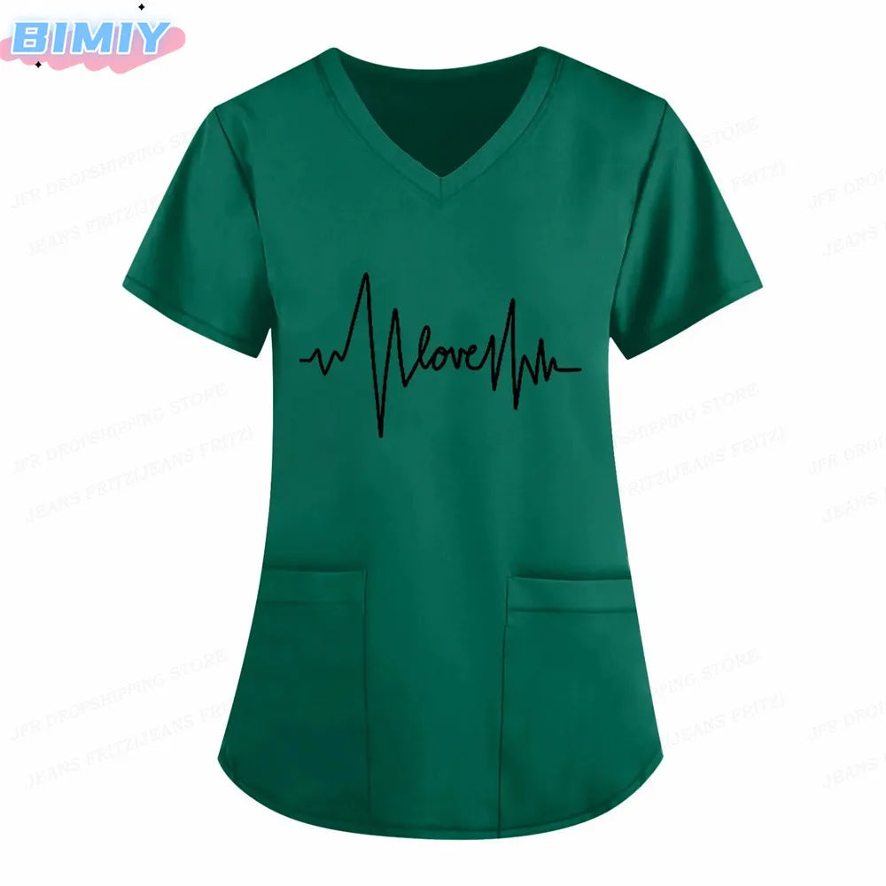 Letter Love Heart Nurse Uniform Print Tops V-Neck Pocket Medical Uniforms Nursing Scrubs Tops Working Clothes uniforme enfermera