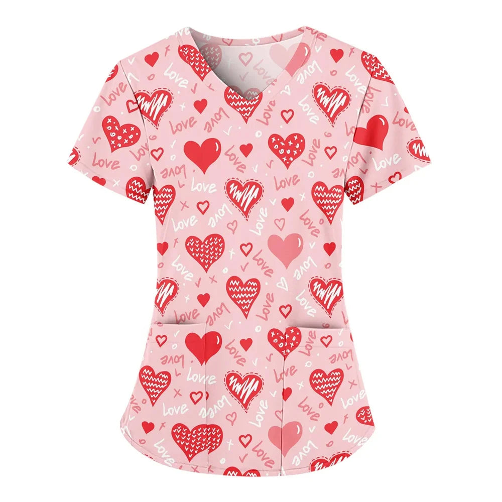 Nurse Uniform Women Valentines Day Love Print Gradient Short Sleeve Pocket Work Shirt Tunics Uniform Medical Nursing Scrubs Tops