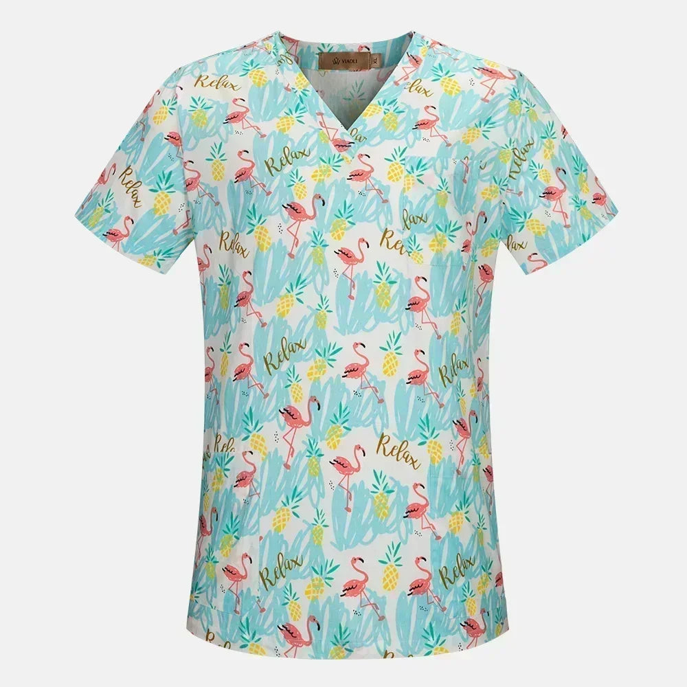 Nurse Uniforms Women Print Short Sleeve V-neck Scrubs Working Medical Blouse Overalls Uniforms Medical Nursing Spa Pet Dentistry