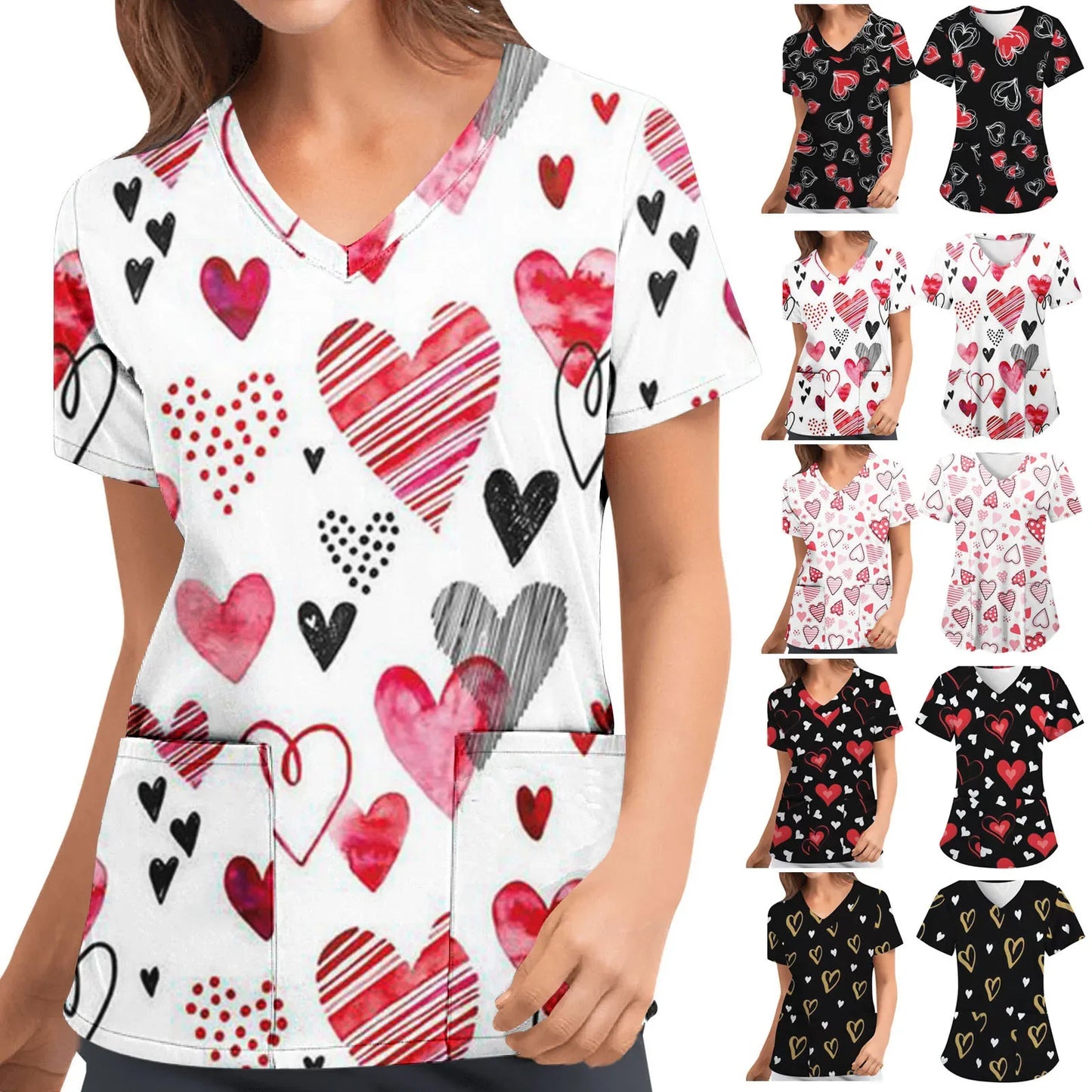 Womens Scrubs Nursing Top Cute Heart Printed Short Sleeve Neck Tops Care Working Uniform Blouse Shirt Nurse Pockets Uniforme