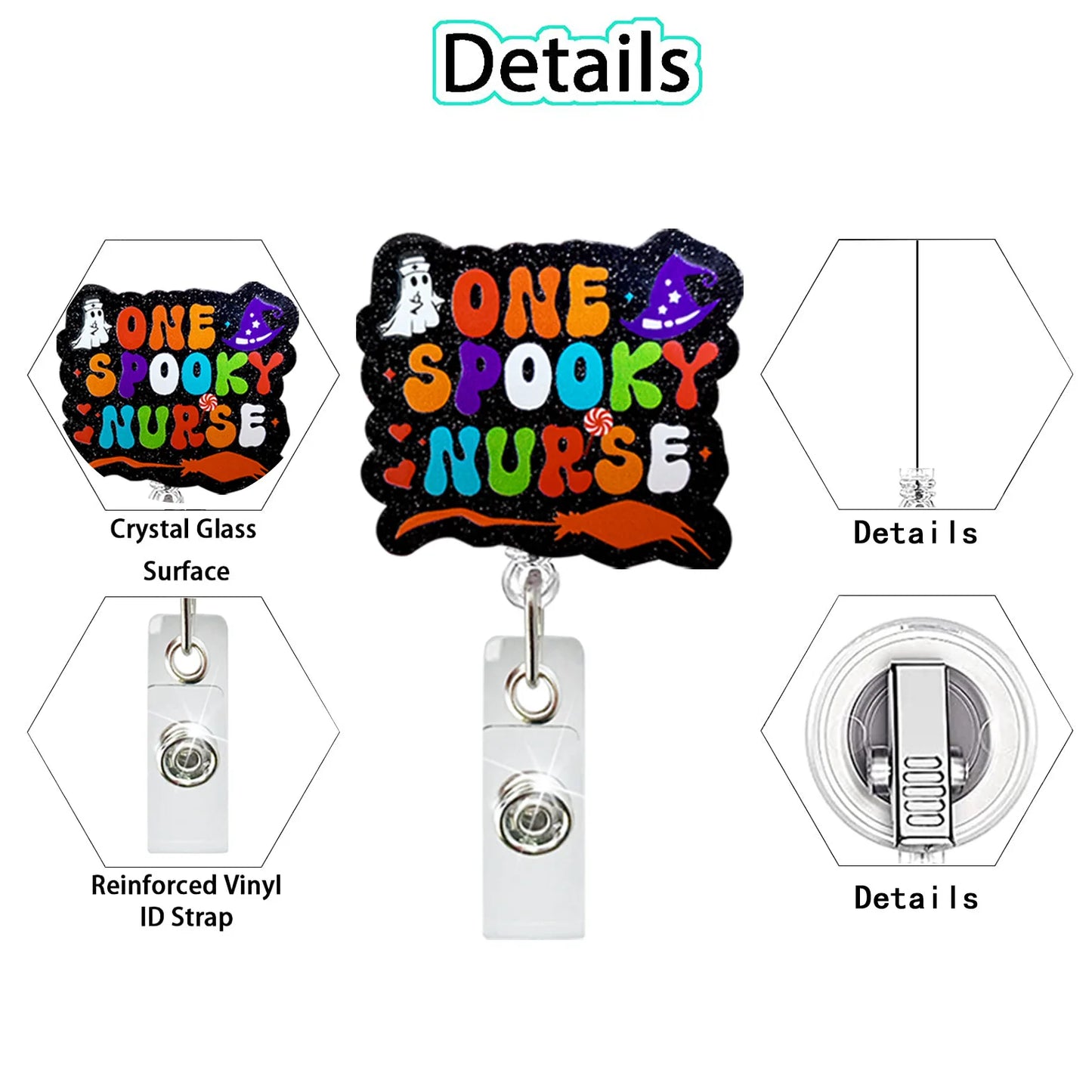 Acrylic Glitter Halloween Ghost Pumpkin Cat Retractable Badge Reel Rotating ID Badge Holder Crocodile Clip for Doctor and Nurse