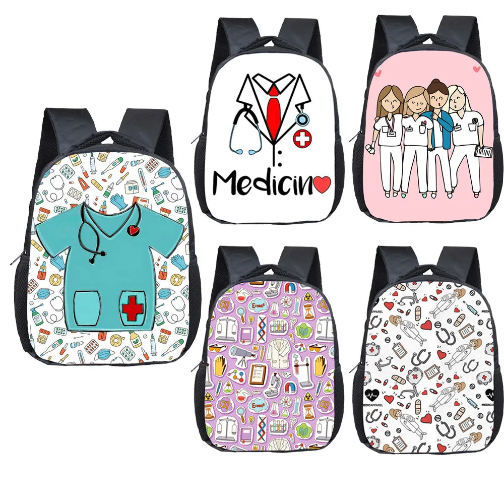 Cute Doctor Nurse Uniform Backpack for 2-4 Years Old ECG Hospital Children School Bags Medical Stethoscope Syringe Kid BookBag