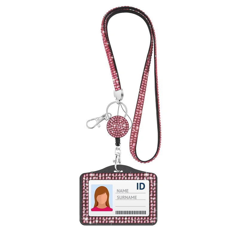 ID Name Badges Protector Case Work Card Case Crystal Retractable Lanyards Card Cover Badge Reel Badge Holder Rhinestone