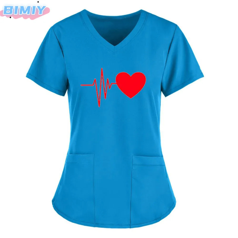 Letter Love Heart Nurse Uniform Print Tops V-Neck Pocket Medical Uniforms Nursing Scrubs Tops Working Clothes uniforme enfermera