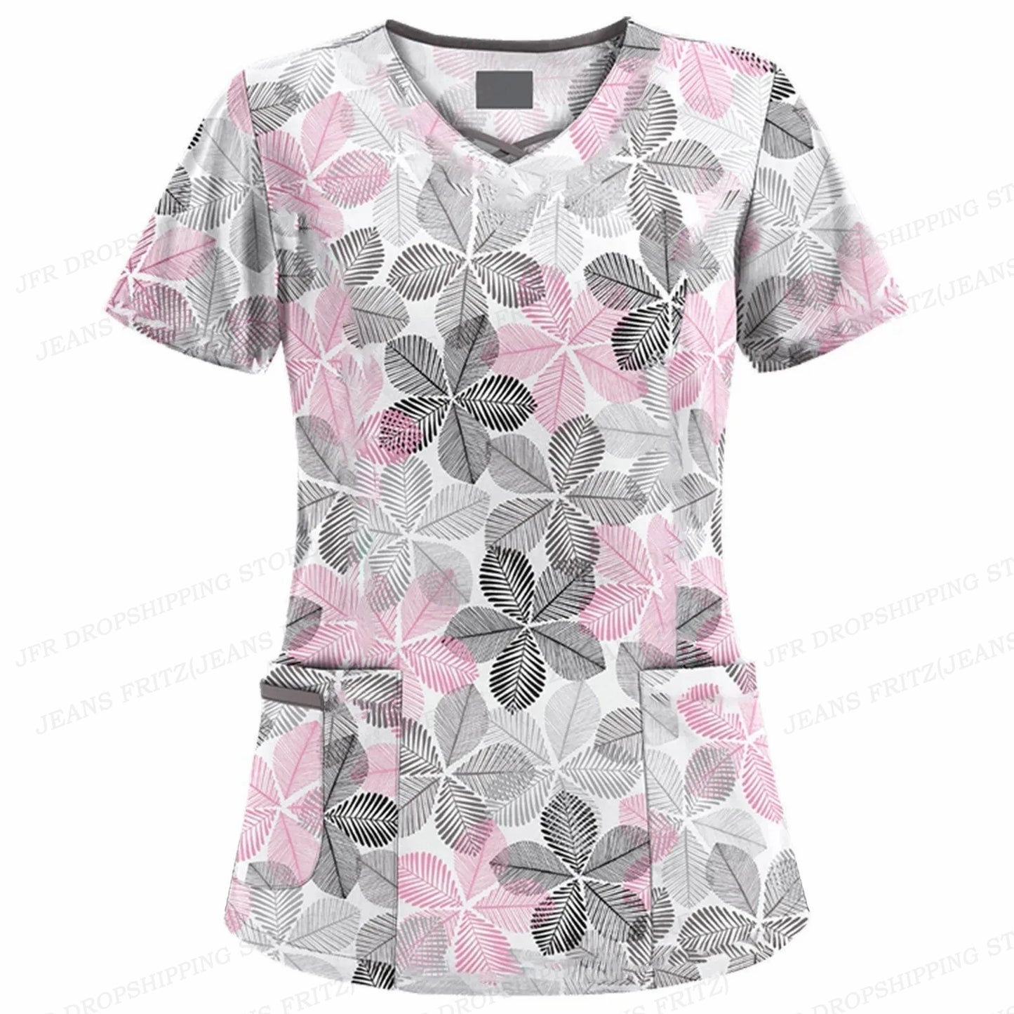 Flower Nurse Uniform Women's V-Neck Pocket Medical Uniforms Butterfly Floral Nursing Scrubs Tops Workwear Uniforme enfermera