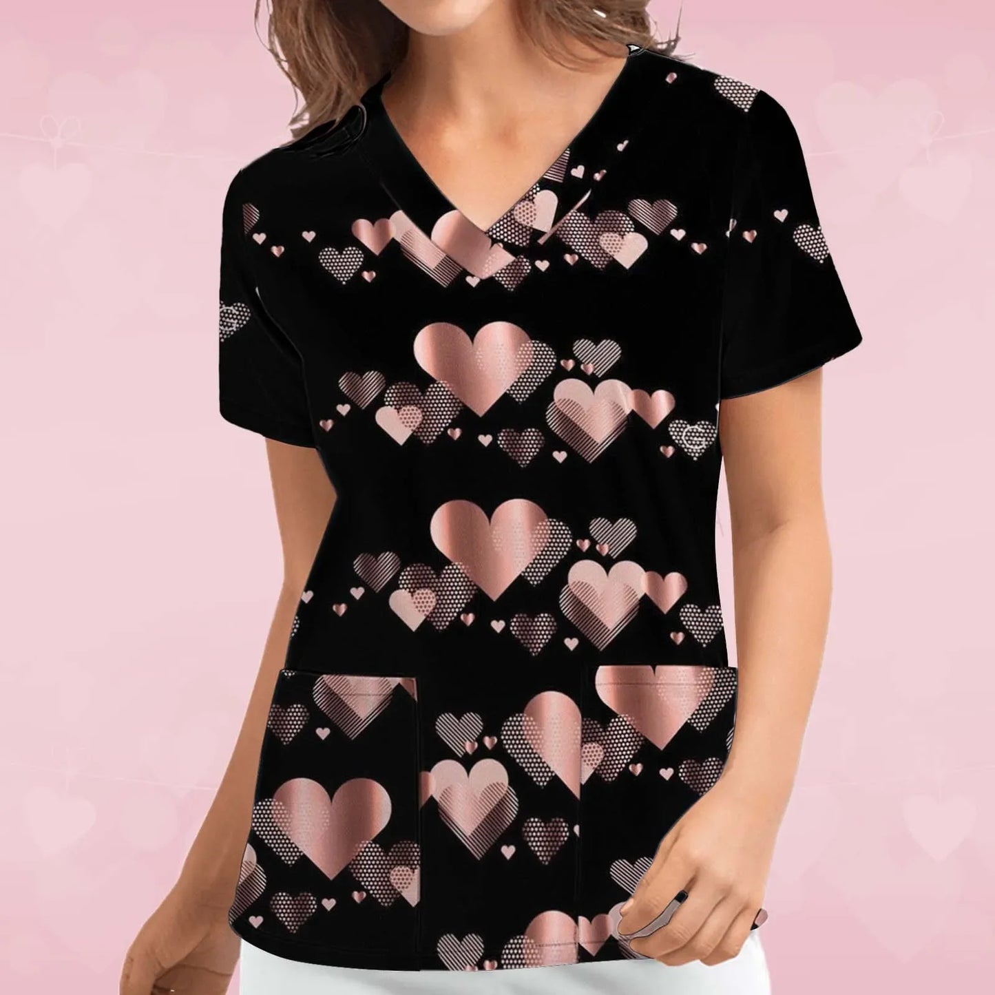 Womens Scrubs Nursing Top Cute Heart Printed Short Sleeve Neck Tops Care Working Uniform Blouse Shirt Nurse Pockets Uniforme