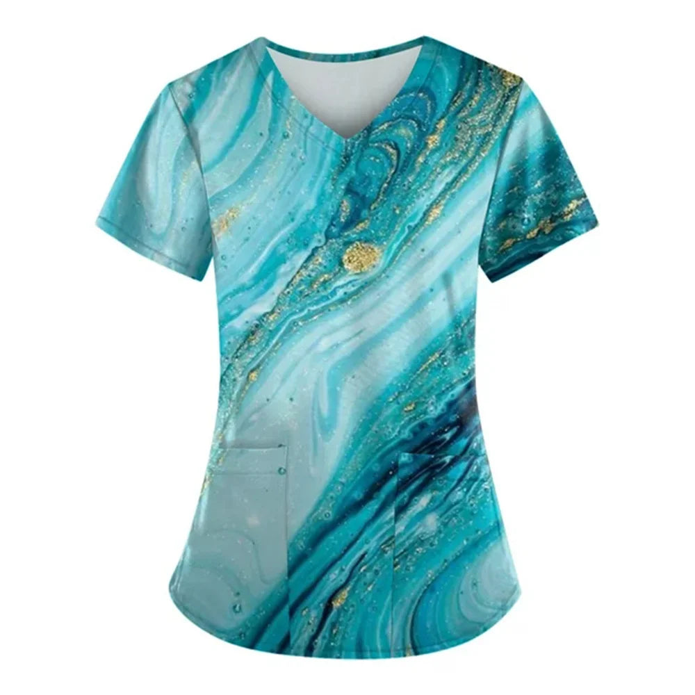 Nurse Uniform Women Medical Nursing Scrubs Tops Short Sleeve Marble Print Working With Pockets Tunics Uniform Nursing Workwear