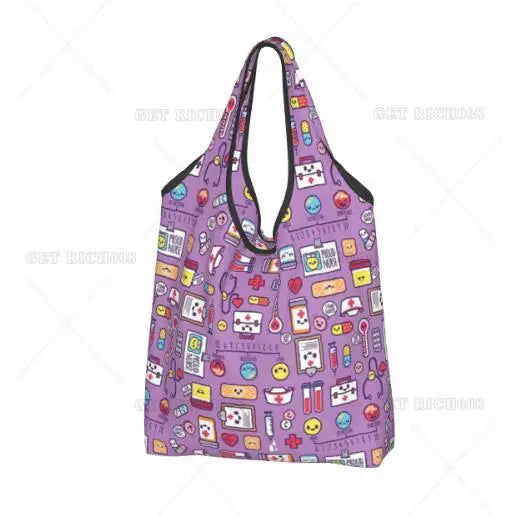 Nurse Love Pink Pattern Shopper Bag Portable Supermarket Bag Cute Tote Bag No Zipper  Fashion Reusable Shopping Bag Print