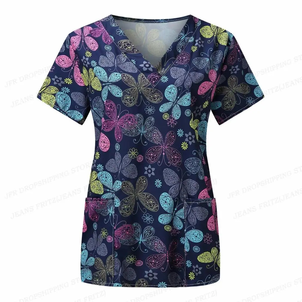 Flower Nurse Uniform Women's V-Neck Pocket Medical Uniforms Butterfly Floral Nursing Scrubs Tops Workwear Uniforme enfermera