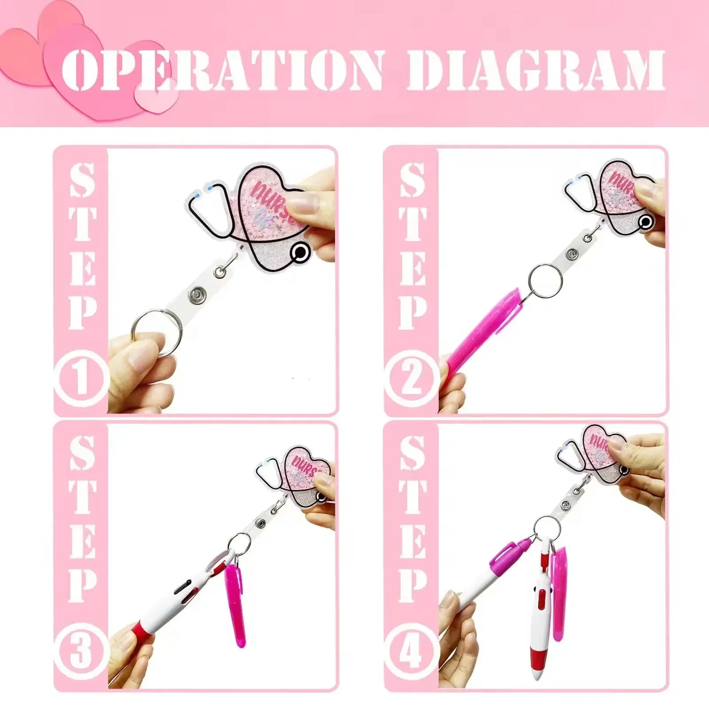 5-in-1 Cute Nurse Pen Set Medical Retractable Scroll Easy to Pull Buckle ID Buckle Acrylic Badge Clip