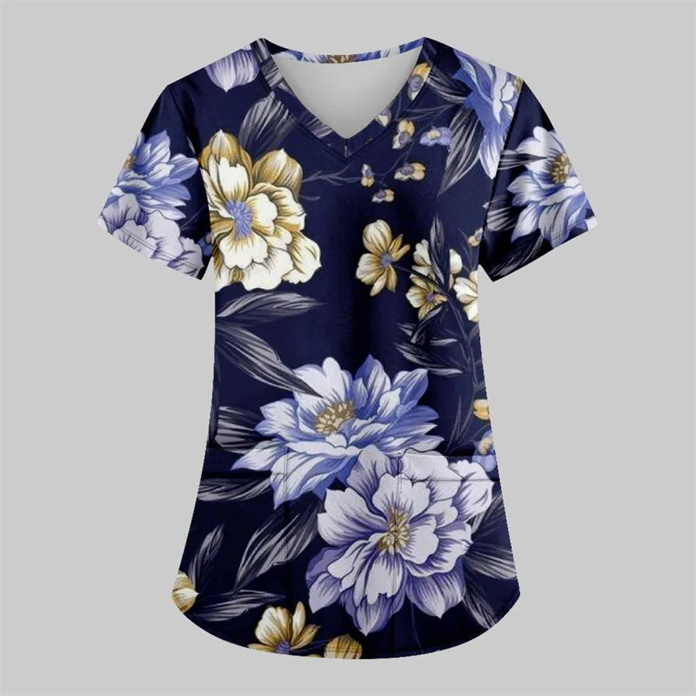 Flirty Floral V Neck T-shirt - Short Sleeve Medical Top with Stylish Pocket - Perfect for Spring & Summer - Womens Casual Comfor