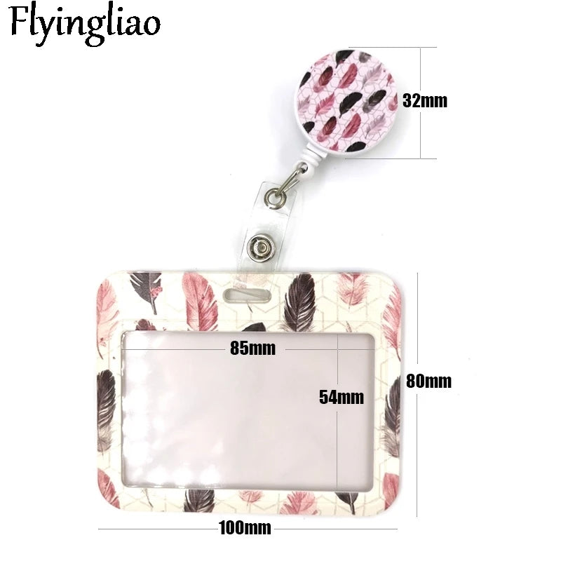 Black Pink Leaves Feathers Cute Card Cover Clip Lanyard Retractable Student Nurse Badge Reel Clip Cartoon ID Card Badge Holder