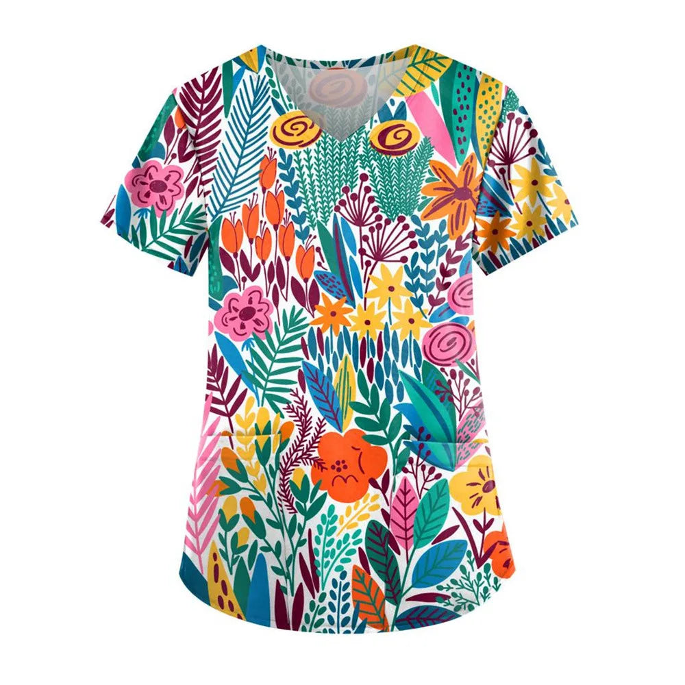 Flirty Floral V Neck T-shirt - Short Sleeve Medical Top with Stylish Pocket - Perfect for Spring & Summer - Womens Casual Comfor