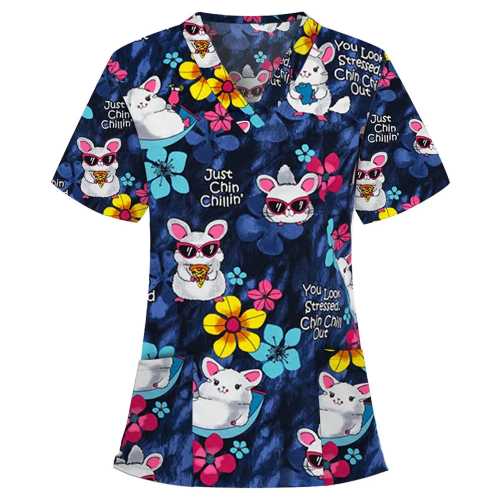 Flirty Floral V Neck T-shirt - Short Sleeve Medical Top with Stylish Pocket - Perfect for Spring & Summer - Womens Casual Comfor