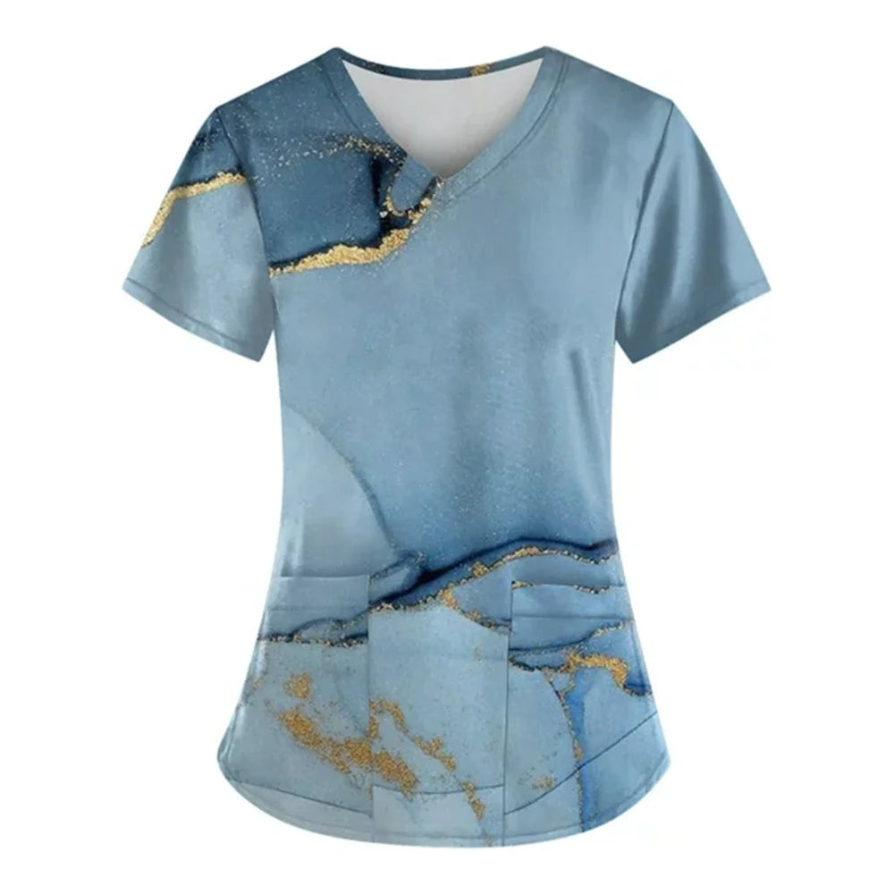 Nurse Uniform Women Medical Nursing Scrubs Tops Short Sleeve Marble Print Working With Pockets Tunics Uniform Nursing Workwear