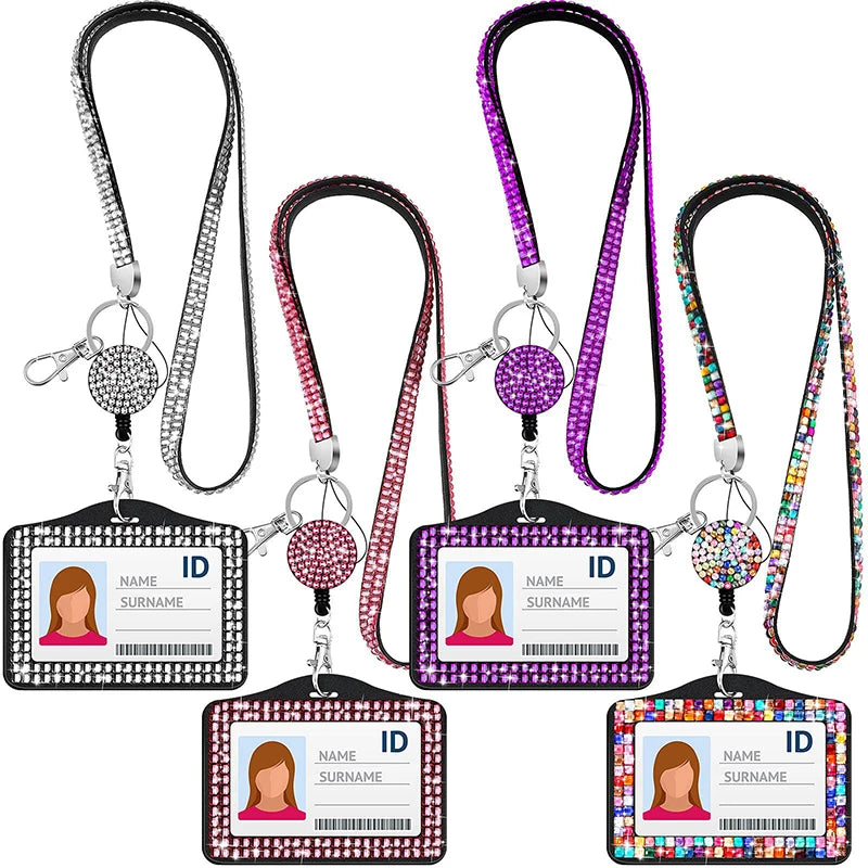 ID Name Badges Protector Case Work Card Case Crystal Retractable Lanyards Card Cover Badge Reel Badge Holder Rhinestone