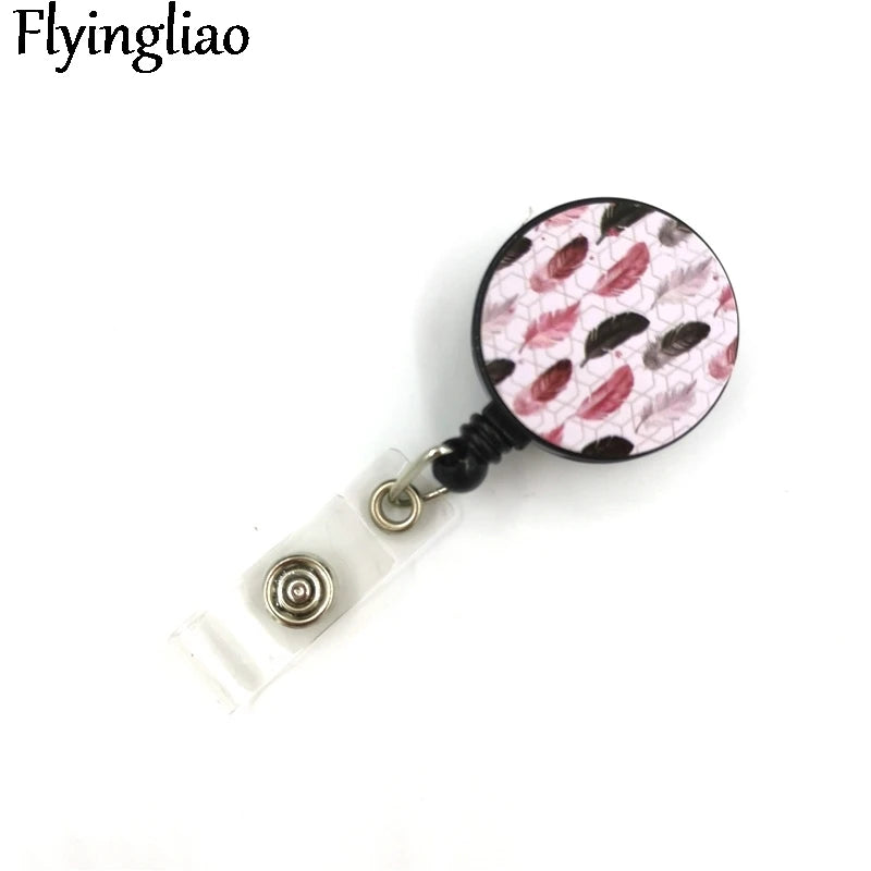 Black Pink Leaves Feathers Cute Card Cover Clip Lanyard Retractable Student Nurse Badge Reel Clip Cartoon ID Card Badge Holder