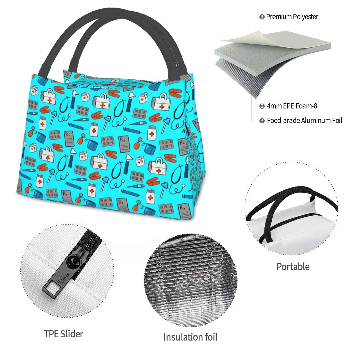 Medical Equipment Pattern Lunch Bag Funny Nurse Funny Lunch Box For Adult Office Portable Cooler Bag Thermal Tote Handbags