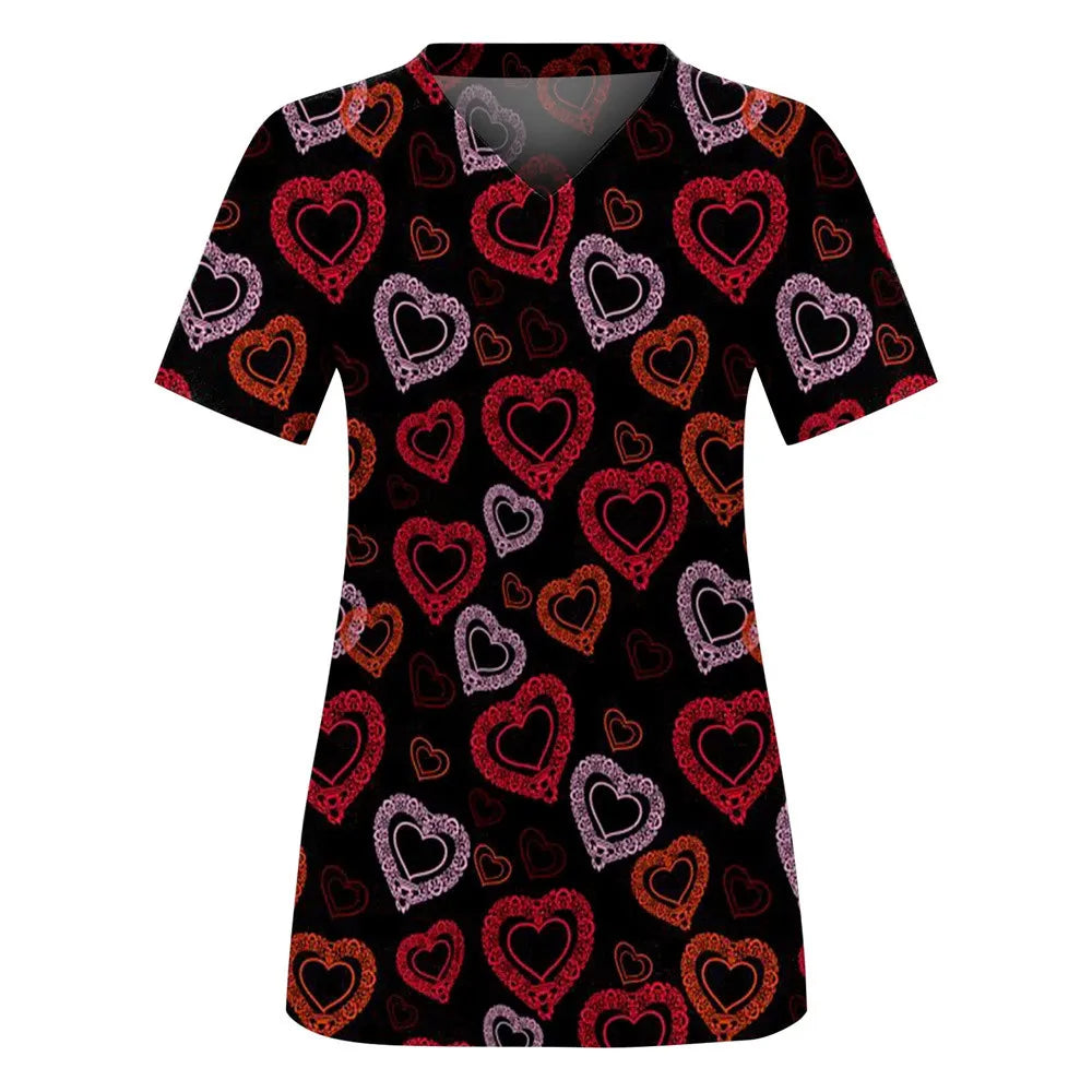 Nurse Uniform Love Heart Print Pocket V-Neck Nursing Scrubs Tops Workwear T-shirt Women Fashion Overalls Medical Uniforms