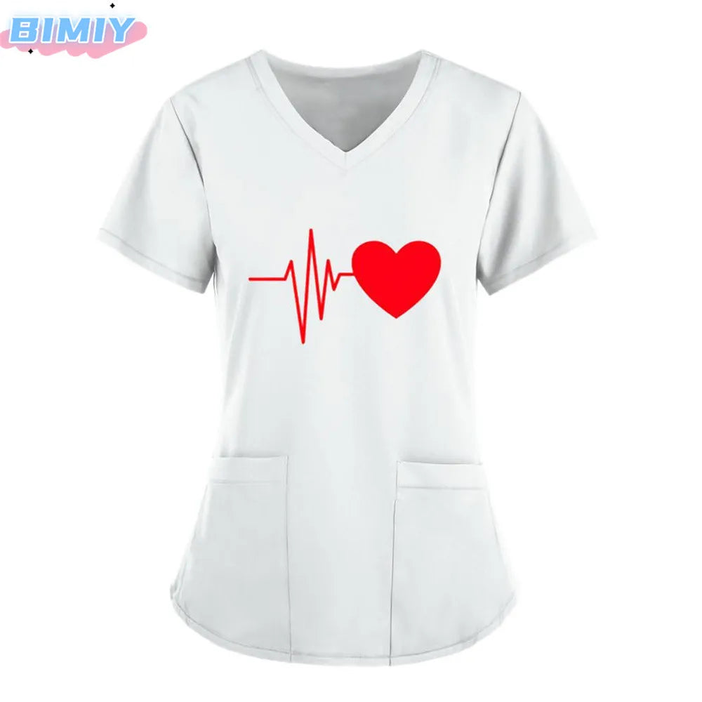 Letter Love Heart Nurse Uniform Print Tops V-Neck Pocket Medical Uniforms Nursing Scrubs Tops Working Clothes uniforme enfermera