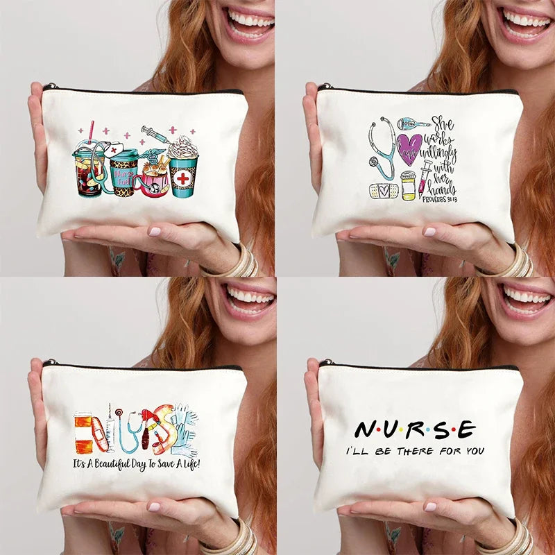 Nurse Zipper Canvas Bag Cute Coffee Pattern Makeup Bag Organizer Portable Cosmetic Case Lightweight Storage Gift Pouch Organizer