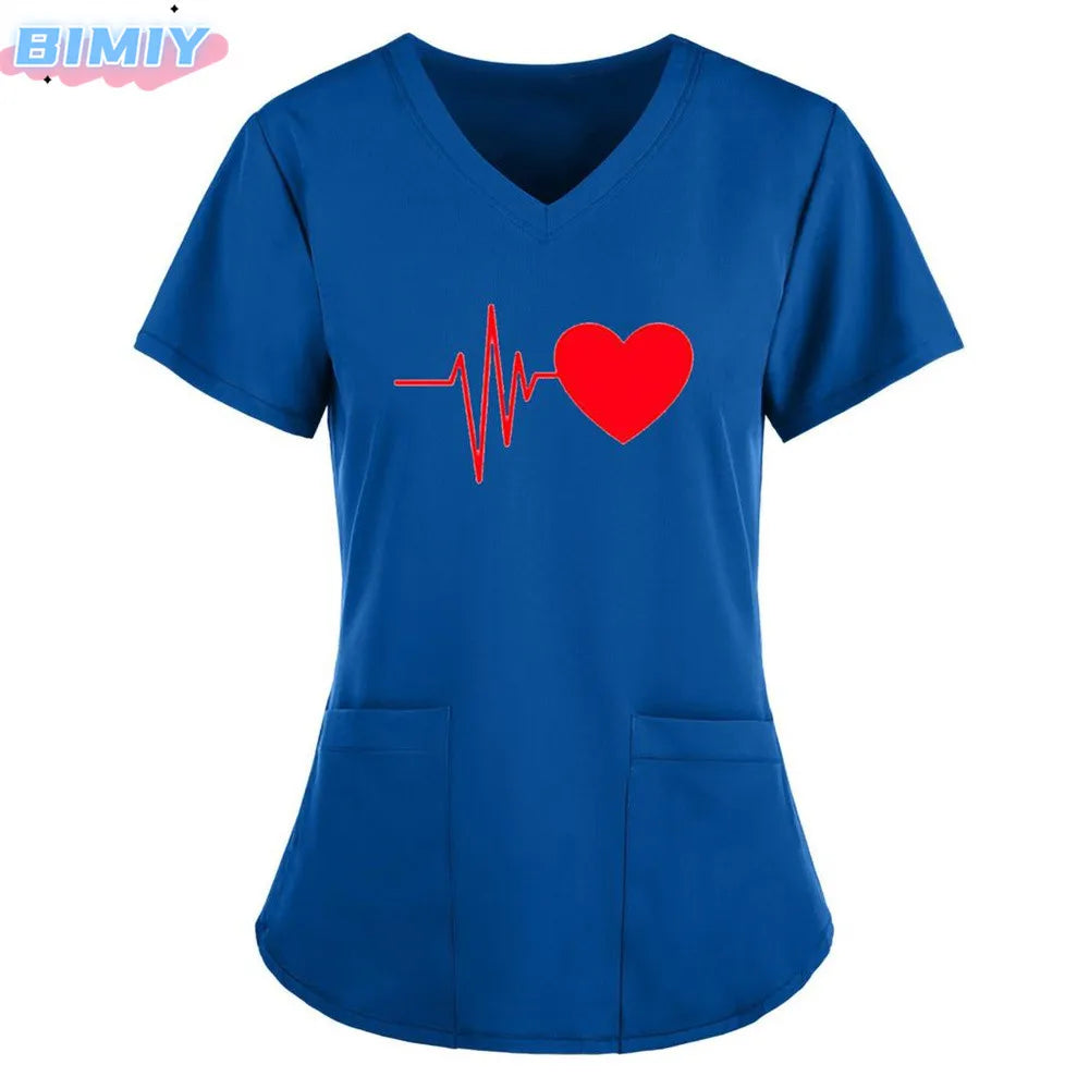 Letter Love Heart Nurse Uniform Print Tops V-Neck Pocket Medical Uniforms Nursing Scrubs Tops Working Clothes uniforme enfermera