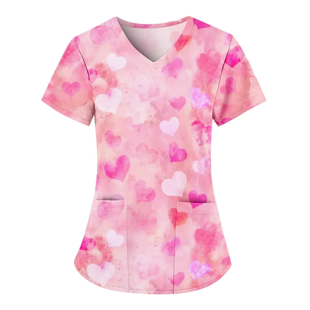 Nurse Uniform Women Valentines Day Love Print Gradient Short Sleeve Pocket Work Shirt Tunics Uniform Medical Nursing Scrubs Tops