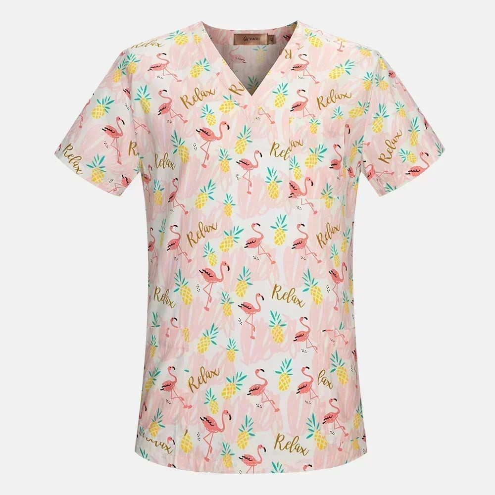 Nurse Uniforms Women Print Short Sleeve V-neck Scrubs Working Medical Blouse Overalls Uniforms Medical Nursing Spa Pet Dentistry