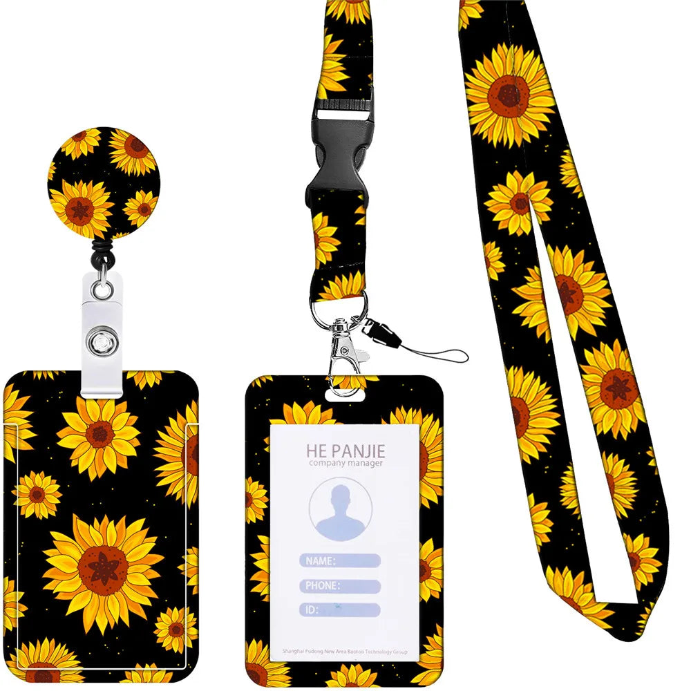 3Pcs/Set Cute Sunflower Leopard Retractable Keychain Nurse Badge Reel Clip Badge Holder Students Doctor ID Card Holder Lanyard