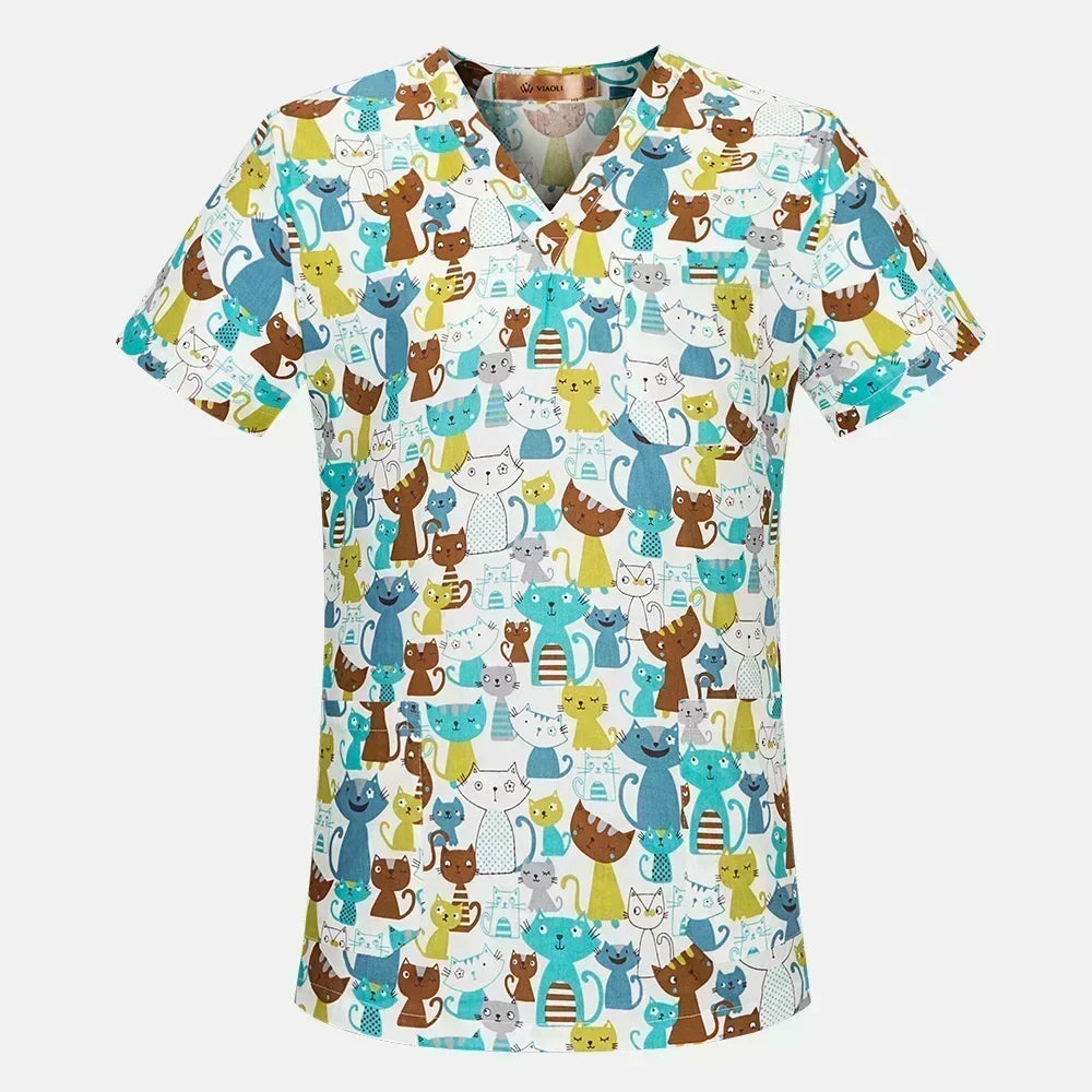 Nurse Uniforms Women Print Short Sleeve V-neck Scrubs Working Medical Blouse Overalls Uniforms Medical Nursing Spa Pet Dentistry